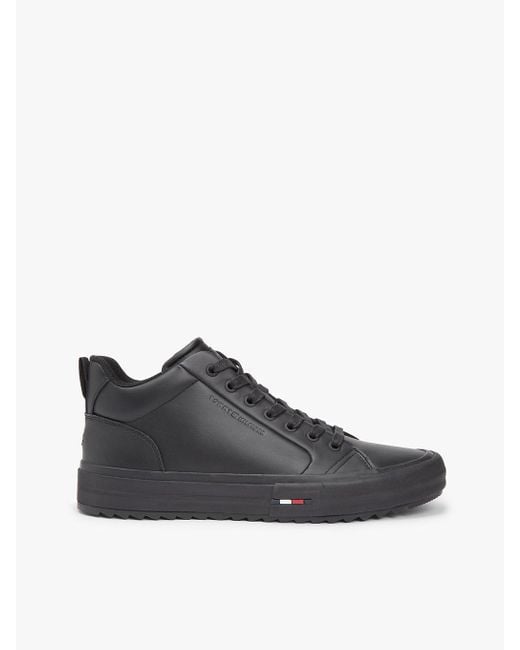 Tommy Hilfiger Black Leather Serrated Mid-Top Trainers for men