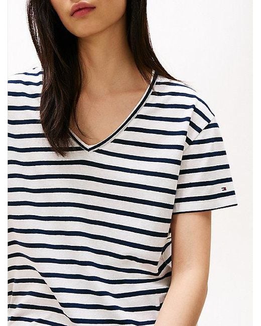 Tommy Hilfiger Relaxed Fit Linnen T-Shirt Met V-Hals in het Blue