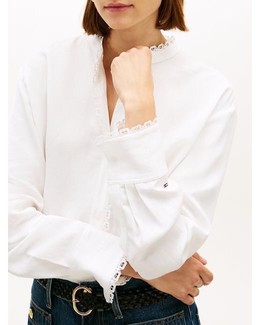Tommy Hilfiger White Oversized Fit Lace Trim Shirt With Linen
