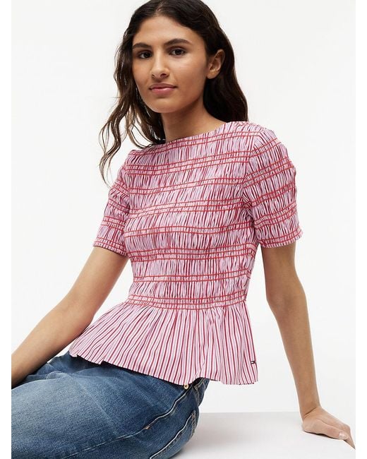 Tommy Hilfiger Red Smock Stripe Ruffle Boat Neck Top