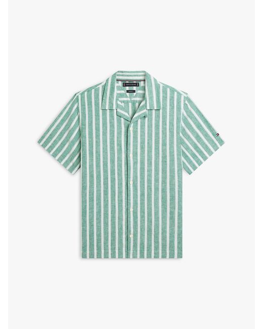 Tommy Hilfiger Green Linen Blend Textured Stripe Short Sleeve Shirt for men