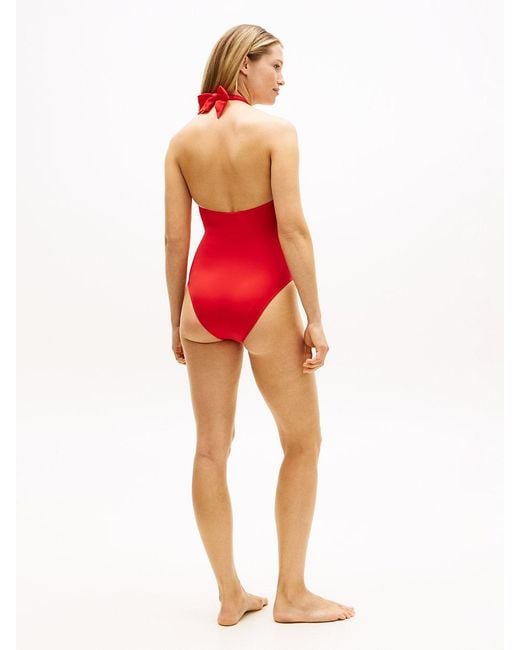 Tommy Hilfiger Red Global Stripe Plunge Halterneck Swimsuit
