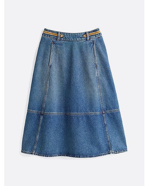 Tommy Hilfiger Denim A-Line Midirok Met Leren Detail in het Blue