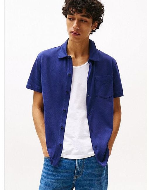 Tommy Hilfiger Regular Opengebreid Overhemd Met Korte Mouwen in het Blue voor heren