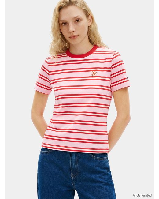 Tommy Hilfiger Red Logo Embroidery Jersey Crew Neck T-Shirt