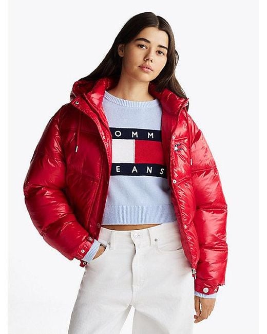 Tommy Hilfiger Glanzend Pufferjack Met Capuchon in het Red