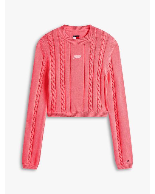 Tommy Hilfiger Red Logo Embroidery Cable Knit Slim Jumper