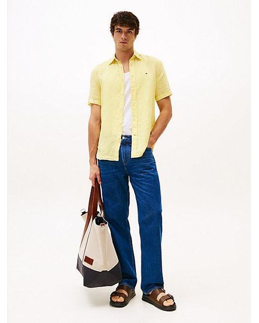 Tommy Hilfiger Regular Fit Linnen Overhemd Met Korte Mouwen in het Yellow voor heren