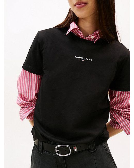 Camiseta De Cuello Redondo Con Logo Lineal Tommy Hilfiger de color Black