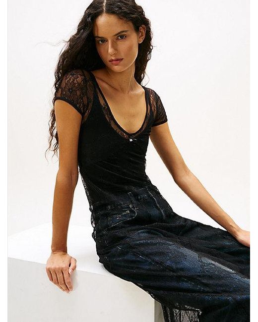 Vestido Largo De Encaje Con Corte Slim Tommy Hilfiger de color Black