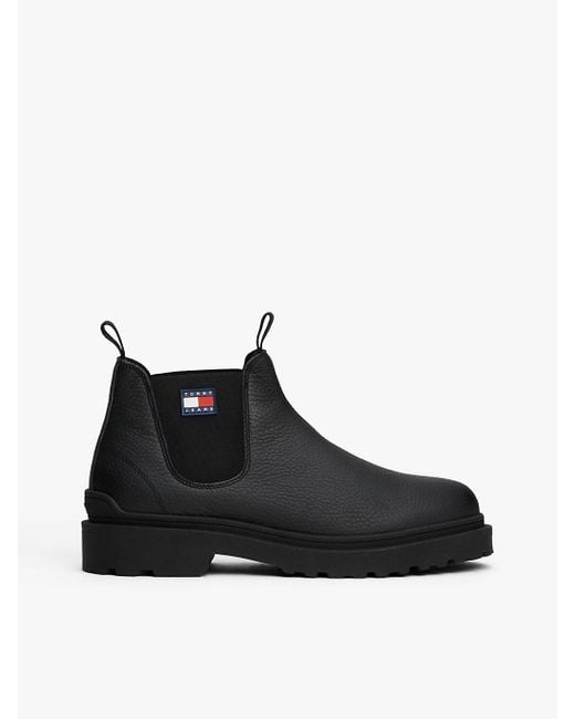 Tommy Hilfiger Black Pebble Grain Leather Warm Lined Cleat Chelsea Boots for men