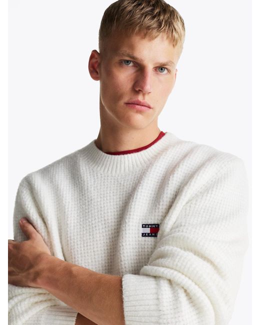 Tommy Hilfiger White Waffle Knit Crew Neck Jumper With Wool for men