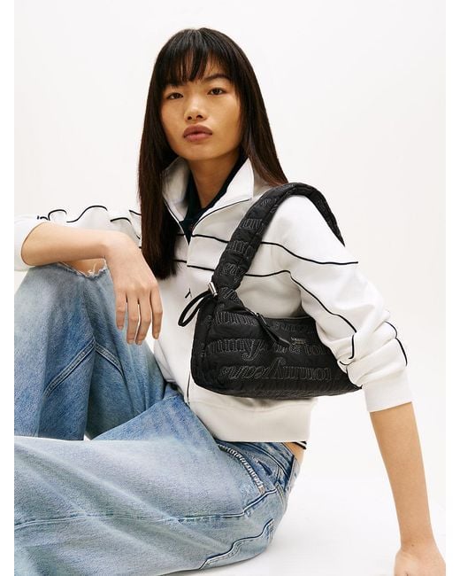 Tommy Hilfiger Black Repeat Logo Embroidery Shoulder Bag