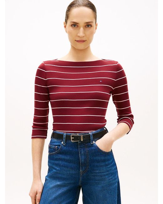 Tommy Hilfiger Red Slim Three-quarter Sleeve Boat Neck T-shirt