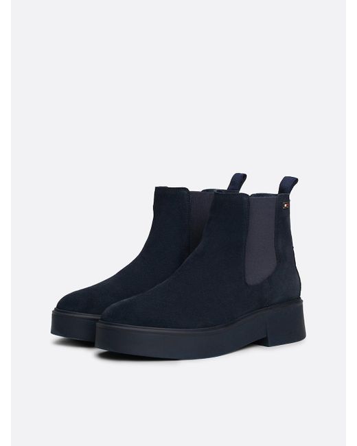 Tommy Hilfiger Blue Suede Tonal Chunky Chelsea Boots