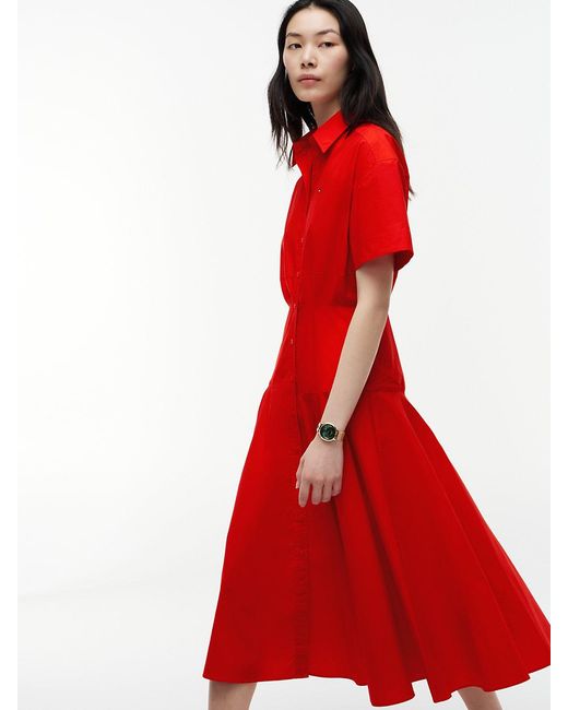 Tommy Hilfiger Red Fit And Flare Poplin Midi Shirt Dress