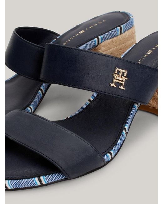 Tommy Hilfiger Blue Leather Shirting Trim Block Mid-heel Sandals