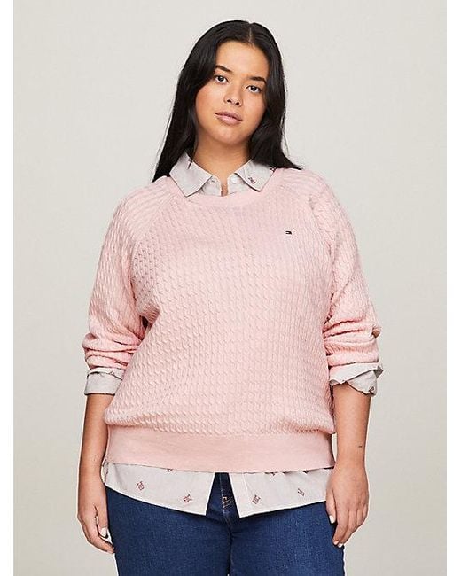 Tommy Hilfiger Curve Kabelgebreide Relaxed Fit Trui in het Pink