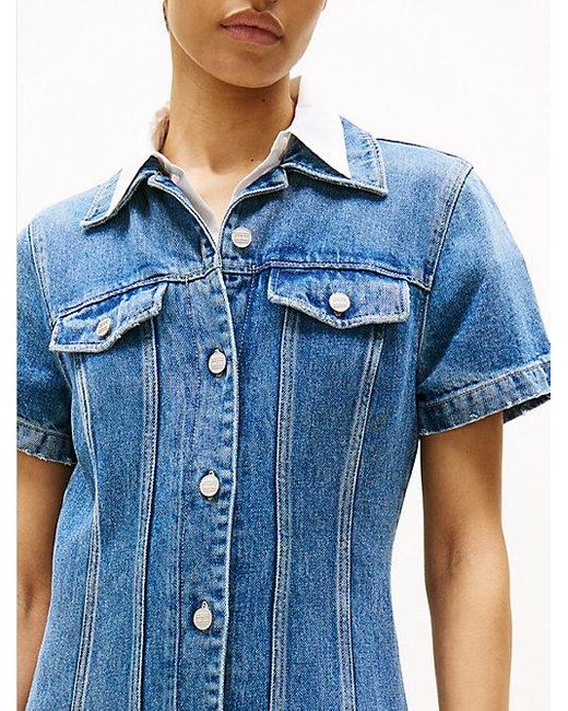 Tommy Hilfiger Midi Denim Overhemdjurk Met Korte Mouwen in het Blue