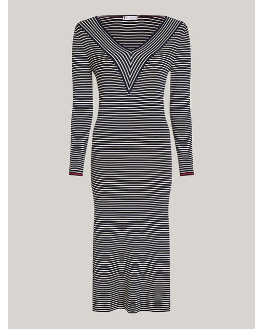 Tommy Hilfiger Gray Micro Stripe Ribbed Slim Bodycon Dress