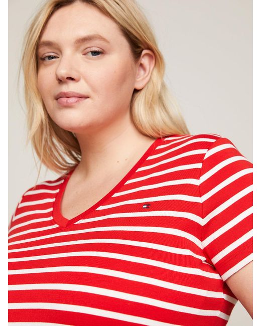 Tommy Hilfiger Red Curve Stripe V-neck Slim T-shirt