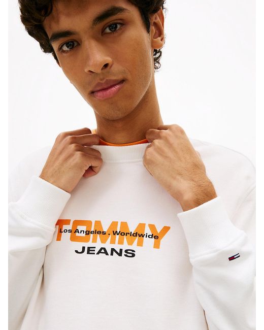 Tommy Hilfiger White Logo Sueded Terry Crew Neck Sweatshirt for men