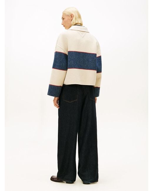Tommy Hilfiger Blue Oversized Wool Blend Rugby Cropped Jacket