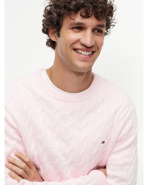 Tommy Hilfiger White Cable Knit Crew Neck Jumper for men