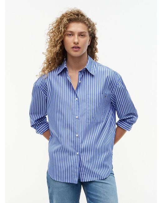Tommy Hilfiger Blue Oversized Fit Stripe Shirttail Hem Poplin Shirt