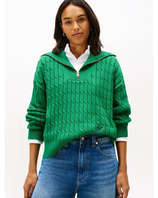 Tommy Hilfiger Green Relaxed Cable Knit Quarter-Zip Jumper