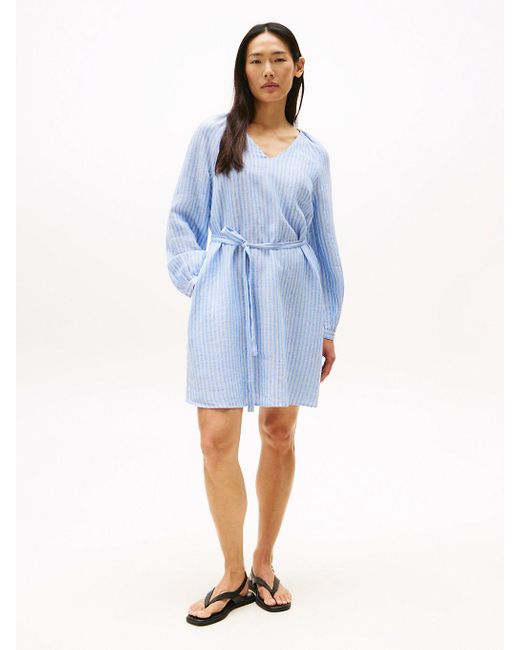 Tommy Hilfiger Blue V-neck Linen Mini Dress