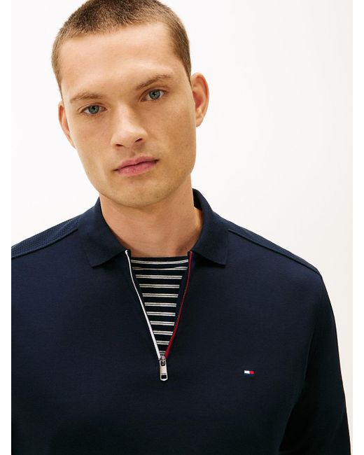 Tommy Hilfiger Blue Regular Fit Flag Embroidery Zip Polo Shirt for men