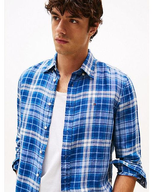 Camisa De Cuadros De Lino Con Corte Regular Tommy Hilfiger de hombre de color Blue