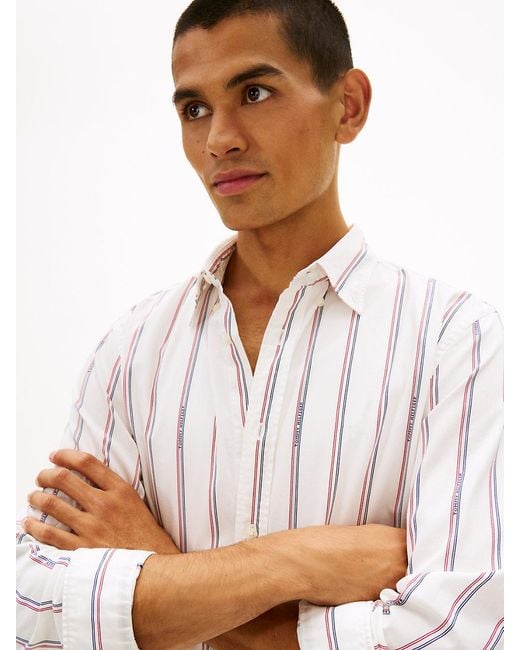 Tommy Hilfiger White Regular Fit Logo Pinstripe Jacquard Shirt for men