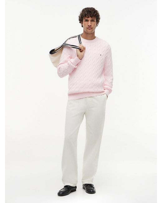 Tommy Hilfiger White Cable Knit Crew Neck Jumper for men