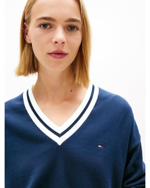 Tommy Hilfiger Blue Relaxed Tipped V-Neck Jumper