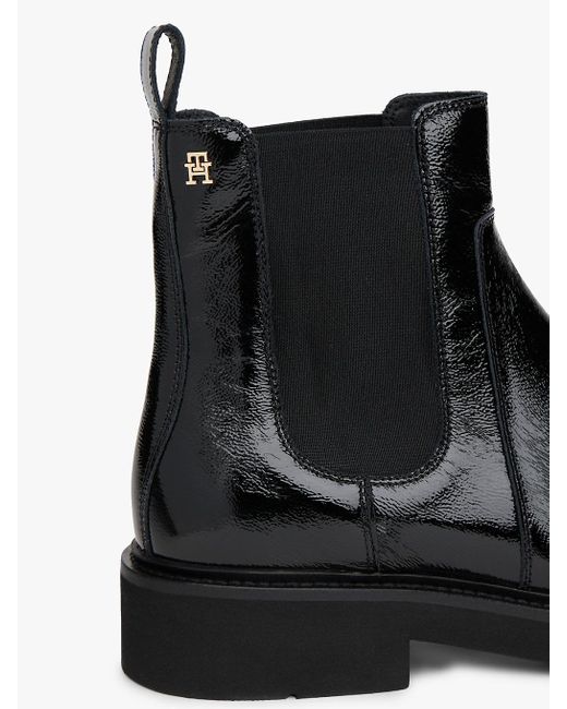 Tommy Hilfiger Black Patent Crinkle Leather Chelsea Boots