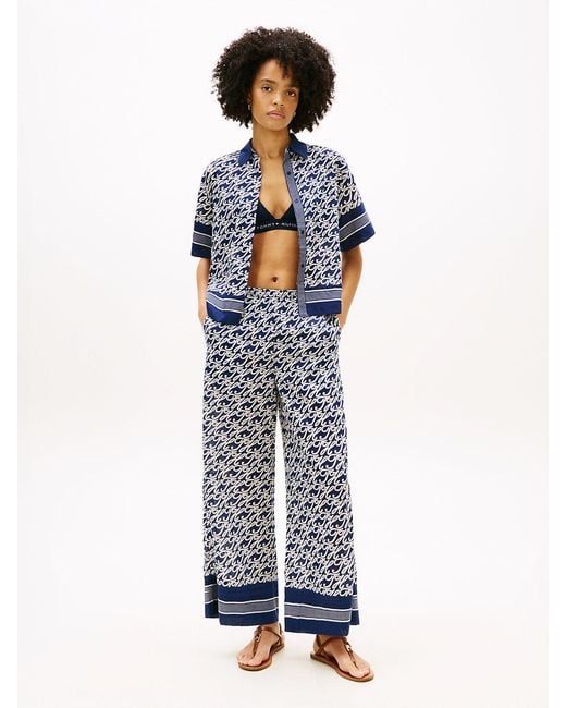 Tommy Hilfiger Blue Print Voile Wide Leg Trousers With Silk