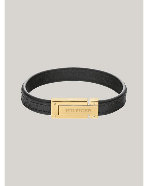 Tommy Hilfiger Fold-over Clasp Gold-plated Black Leather Bracelet for men