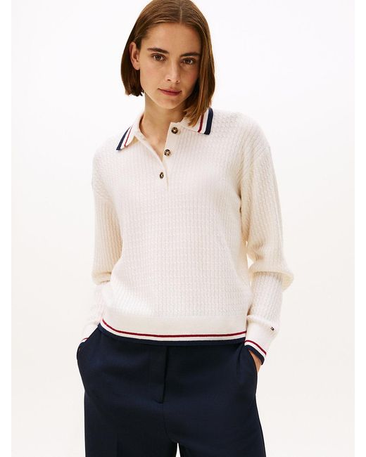 Tommy Hilfiger White Cable Knit Relaxed Polo Jumper With Cashmere