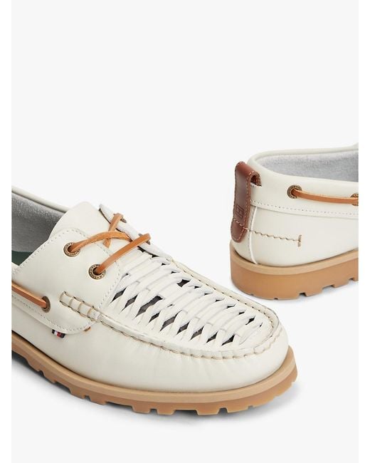 Tommy Hilfiger White Leather Braided Boat Shoes for men