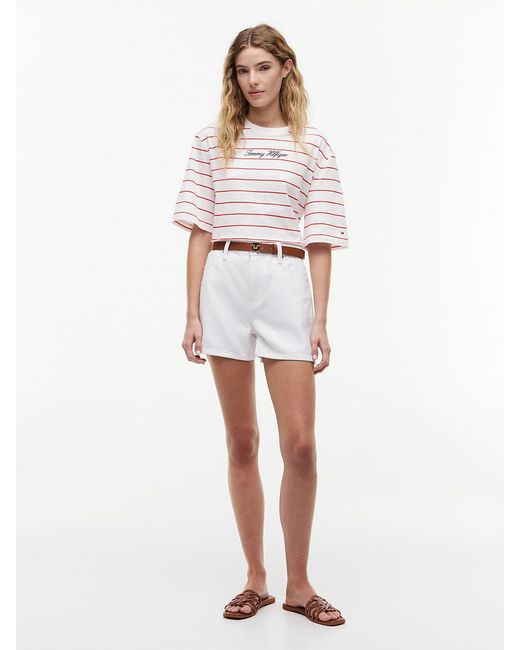 Tommy Hilfiger White Logo Embroidery Relaxed Crew Neck T-Shirt