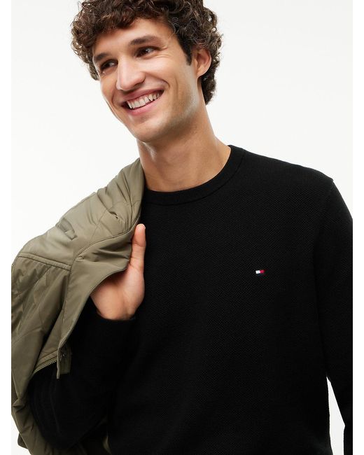 Tommy Hilfiger Black Textured Knit Crew Neck Jumper for men