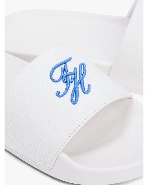 Tommy Hilfiger White Logo Embroidery Canvas Pool Slides