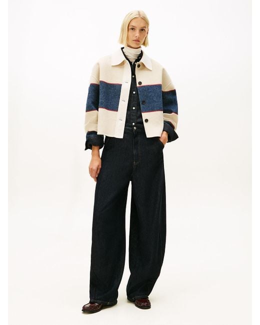 Tommy Hilfiger Blue Oversized Wool Blend Rugby Cropped Jacket