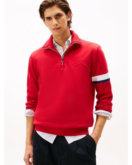 Tommy Hilfiger Red Quarter-zip Embossed Logo Jumper for men