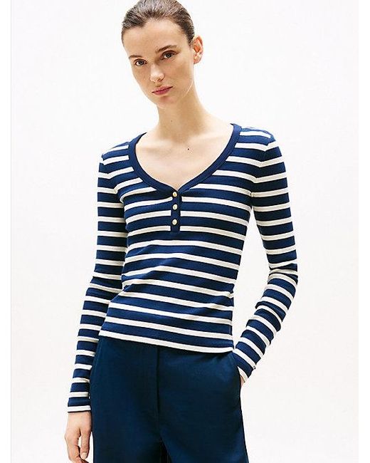 Tommy Hilfiger Slim T-Shirt Met Lange Mouwen En Henley-Hals in het Blue