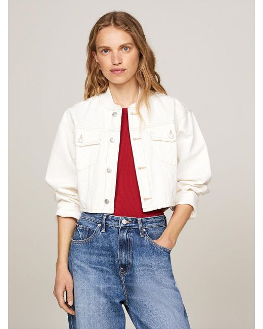Tommy Hilfiger White Cropped Relaxed Denim Bomber Jacket