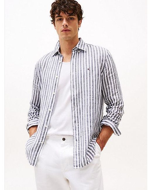 Tommy Hilfiger Regular Fit Gestreept Linnen Overhemd in het White voor heren