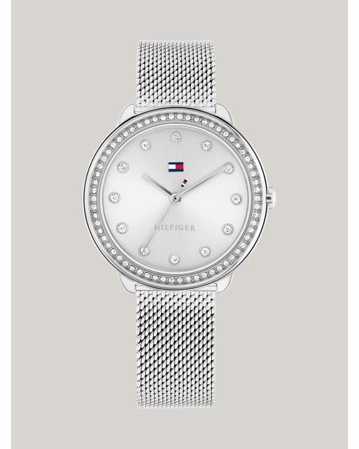 Tommy Hilfiger White Stainless Steel Crystal-embellished Mesh Strap Watch